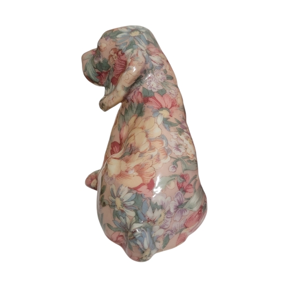 Vintage Puppy Dog Fabric Decoupage Figurine Pink Floral - Picture 2 of 5